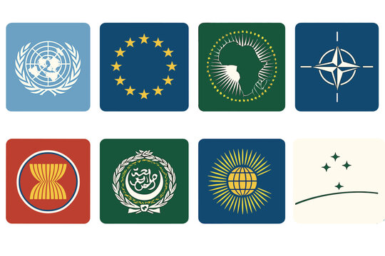 Collection of international organization logos in square icons on a black background