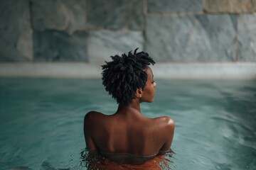 Fototapeta premium Woman relaxing in indoor marble pool spa environment
