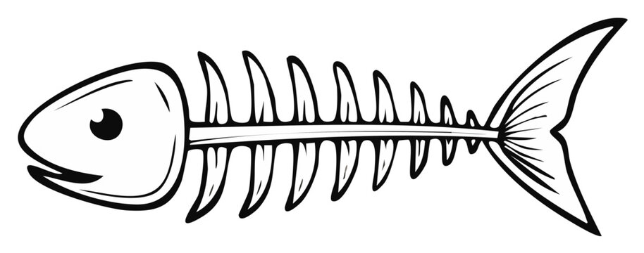 Stylized cartoon fish skeleton with a happy face and fins