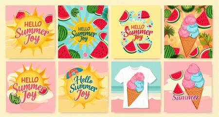 Fototapeta premium Summer joy creative artistic banners and posters template. Hello summer shirt prints layout with sun, watermelons and ice cream. 