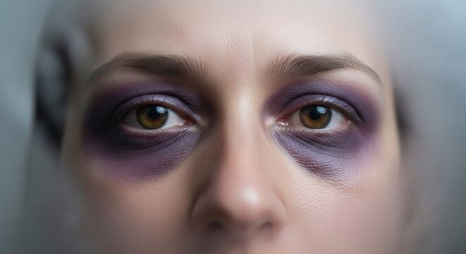 A close-up portrait of a woman with dramatic purple eye makeup and brown eyes