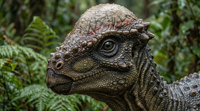 Close-up of a Pachycephalosaurus dinosaur head in a lush green prehistoric forest