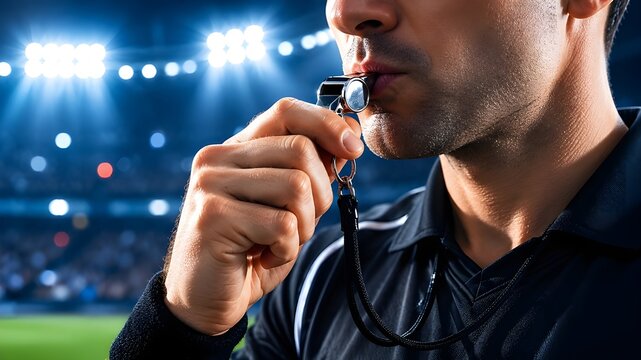 Football referee blowing whistle to manage intense soccer match action during Brazil World Cup stadium game
