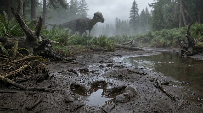 A dinosaur track in the mud, with a dinosaur in the background and trees. Pachycephalosaurus 