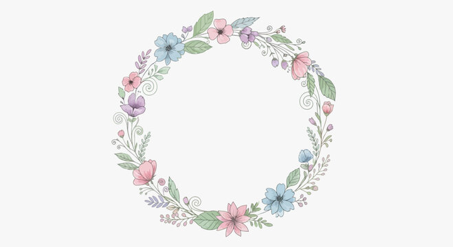 Watercolor floral wreath illustration with pastel flowers and leaves around circle frame for
