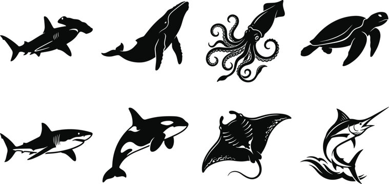 Sea life silhouette set featuring hammerhead shark humpback whale giant squid sea turtle orca manta ray and marlin icons