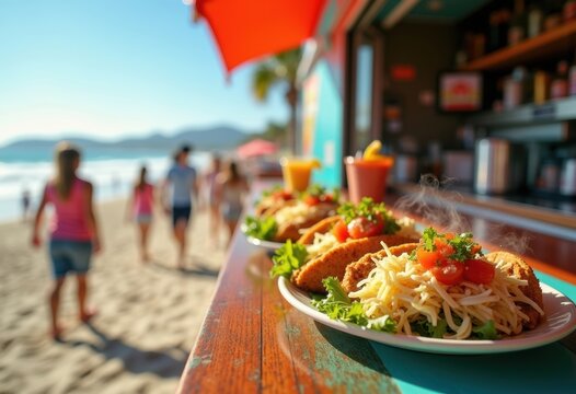 Beachside Food Truck Counter with Fish Taco Surrounded by Cabbage Slaw