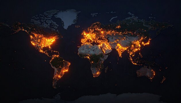 "Digital world map with glowing orange regions, symbolizing global activity, population density, internet connectivity, or energy consumption."