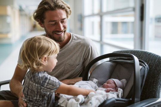 Father and older child meeting a newborn baby in a car seat at the maternity hospital, representing family bonding, new sibling introduction and leaving the hospital after birth