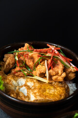 Fototapeta premium Crispy Chicken with Fried Egg and Rice: A flavorful bowl featuring crispy fried chicken pieces, a perfectly fried egg, and fluffy white rice, garnished with thinly sliced red chili and spring onions.