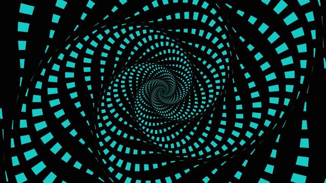 Hypnotic animation of teal square particles spiraling into an infinite tunnel on black, psychedelic visual, optical illusion, or trance loop.