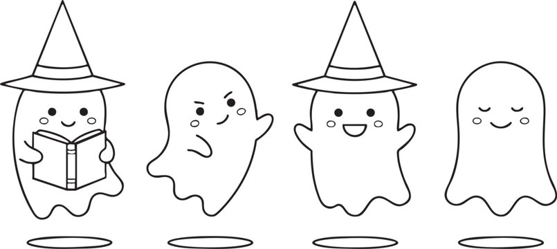 Halloween ghost characters set with witch hats and various emotions vector illustration design