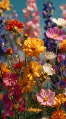 Obraz premium Vibrant wildflowers under clear sky.