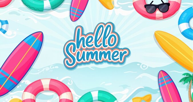 Summer banner background. Hello summer text with surfboard and floater beach element in pattern design. Vector illustration summer greeting design.
