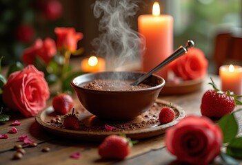 Fototapeta premium Romantic Chocolate Fondue Fruit Dippers Intimate Table Setup Candles Roses Textured Decor