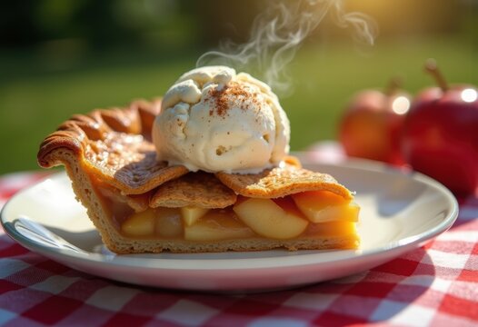 Rustic Apple Pie Slice with Vanilla Ice Cream on Classic Checkered Picnic Cloth