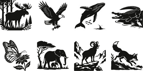 Set of wildlife animal black silhouettes and nature scenes isolated on a clean white background vector illustration © Utpal