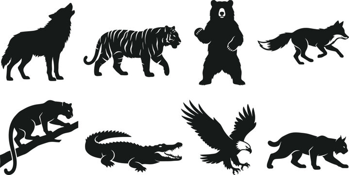 Wild animals black silhouette vector set isolated on white background featuring wolf tiger bear fox panther crocodile eagle bobcat