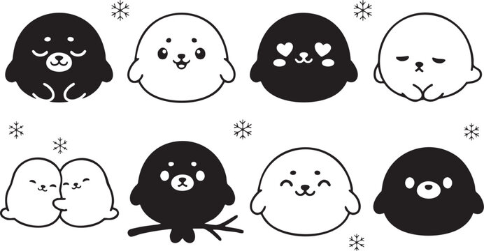 Vector illustration of cute dog faces in black and white with snowflakes, showcasing various emotions and expressions in a graphic design.