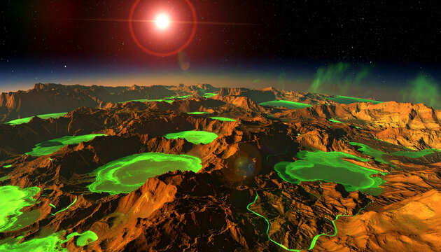 High angle close-up photograph of an alien exo planet surface from orbit