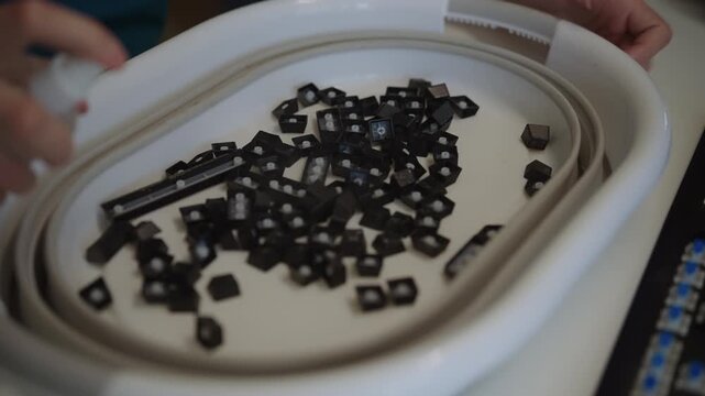 Technician hands cleaning and sanitizing individual black keycaps from mechanical keyboard in white basin, spraying cleaning solution to ensure proper hygiene and maintenance. Shooting in slow motion