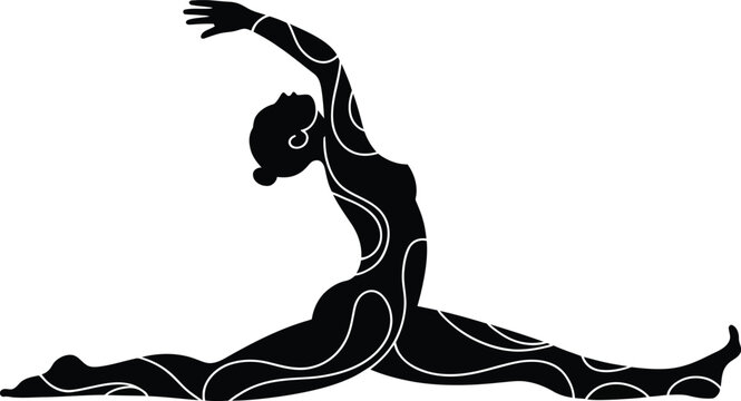 Black silhouette of woman performing splits yoga pose with abstract swirling energy lines silhouette wellness meditation exercise flexibility stretching training lifestyle spiritual