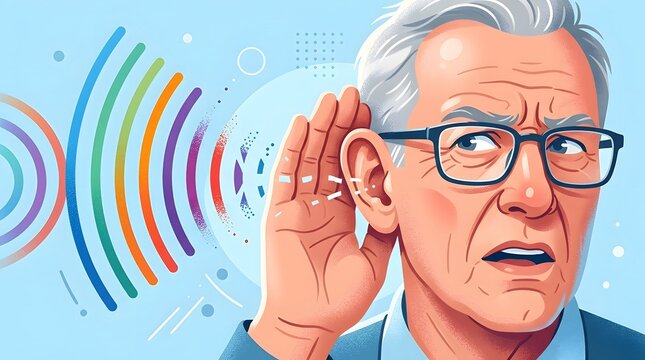 Elderly man with hearing difficulty listening to sound waves. Senior male patient struggling with hearing loss and auditory impairment. Healthcare technology for ear checkup and diagnostics.