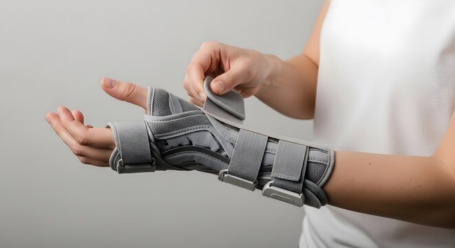 Woman wearing a wrist brace to support an injured joint. Medical support for carpal tunnel syndrome or after bone fracture. Orthopedic equipment for physical rehabilitation and healing.