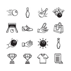 Obraz premium Bowling equipment icons in a clean outline style with a white background for commercial use