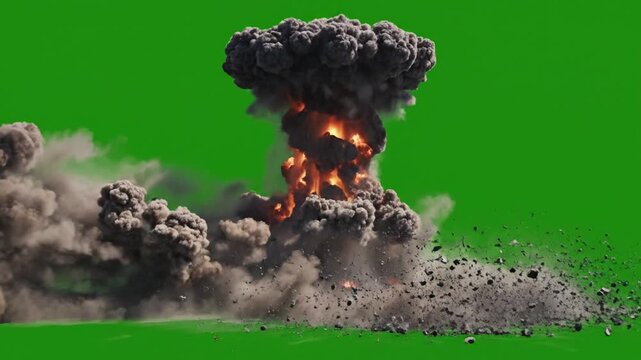 Explosion, fire, smoke, destruction, disaster, green screen background