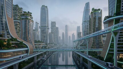 Fototapeta premium Urban cityscape reflection in wet pavement during foggy morning with modern skyscrapers and empty street