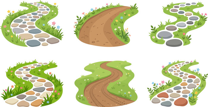 Colorful collection of six winding garden pathways featuring stone steps and dirt trails surrounded by lush green grass vector illustration