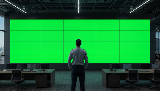 Security operator monitoring massive green screen display wall in modern command center, professional surveillance control room with editable chroma key screens, advanced security operations concept