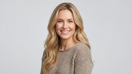 Fototapeta premium Woman smiles warmly in studio portrait