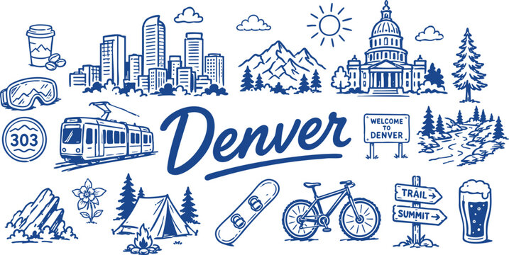 Denver Travel Vector Set with Skyline, Mountains, Capitol, Tram, Camping, Snowboard and Outdoor Icons