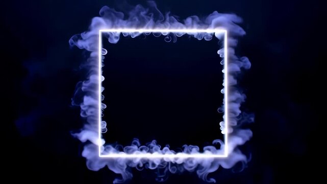 Luminous square neon frame appearing through ethereal purple smoke clouds on a dark background, creating a mystical and magical animated visual effect for intros and logos