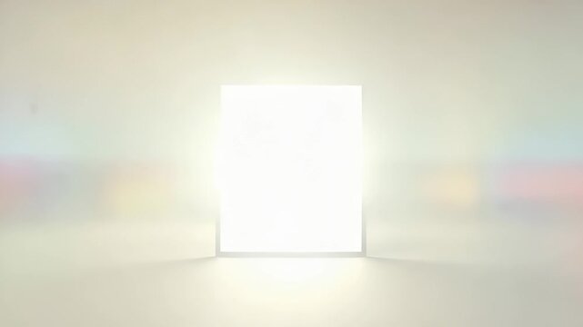 Luminous square portal opening amidst a vibrant, futuristic neon light tunnel with colorful glowing lines, revealing a bright white screen perfect for custom content