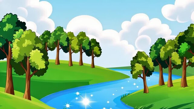 Animated sparkling river flowing through a lush green forest with a dirt path, cartoon-style landscape animation showing a beautiful sunny day with fluffy white clouds