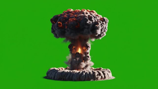 Mushroom cloud explosion, nuclear blast, smoke and fire, destruction effect, green screen background