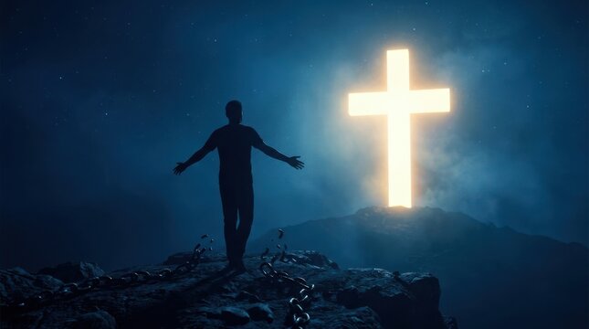 Man standing on mountain peak with glowing cross behind him