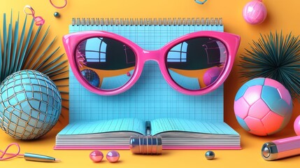 Fototapeta premium Summer Fun Sunglasses on Notebook, Festive Background