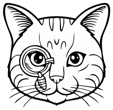 Elegant Cat with Monocle Line Art Portrait, Black and White Illustration