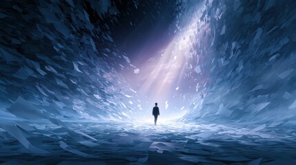 Fototapeta premium Person Walking Towards a Bright Light in an Abstract Blue Space