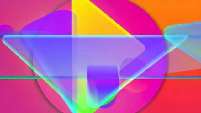 Vibrant glowing geometric shapes moving in a seamless loop animation. Colorful abstract background with overlapping circles, triangles, and lines in bright neon colors
