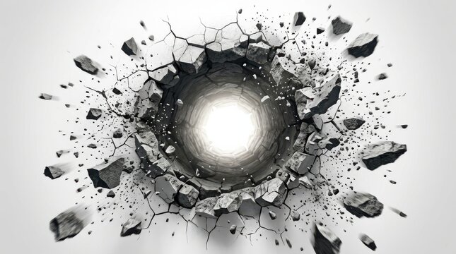 Round hole with shattered concrete and debris around it