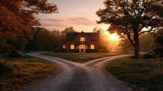 Rural Home at Sunrise with Y-shaped Road Suggesting Choices