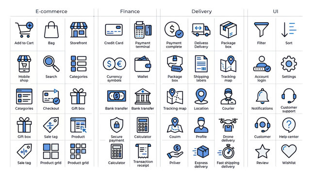 E-commerce, Finance, Delivery, UI Icons Set - Business and Technology Concepts