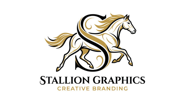 Elegant horse logo with S initial and text "Stallion Graphics Creative Branding"