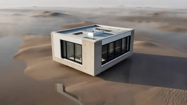 Futuristic levitating modern house floating over a desert landscape with still water reflections, representing advanced smart home technology and real estate innovation
