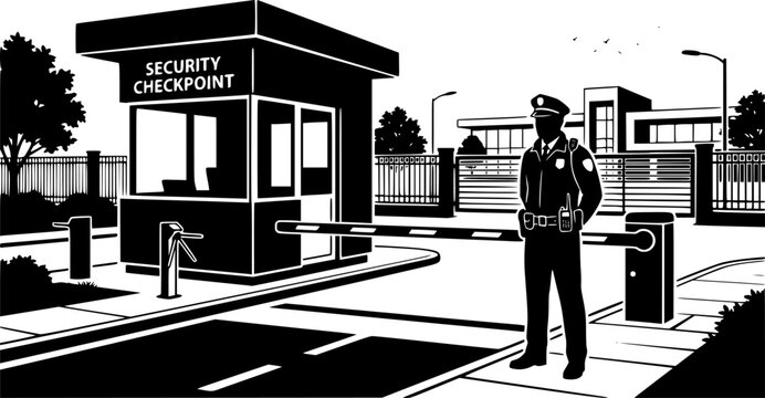 Security guard standing at gated entrance booth with barrier arm in silhouette, modern security checkpoint